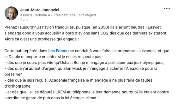 Réponse de Jean-Marc Jancovici à EasyJet - ESG ACT