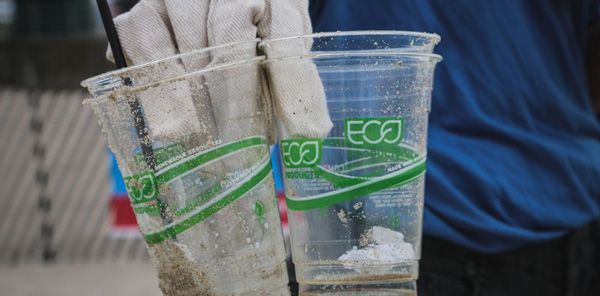 Gobelets écologiques retrouvés sur une plage - ESG Act